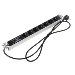 Блок силовых розеток Rem Rem-16, горизонтальный, Shuko х 7, вход Schuko, шнур 1,8 м, 1U, 484х45х45 (ШхГхВ), 16А, фильтр защиты+индикатор, серый