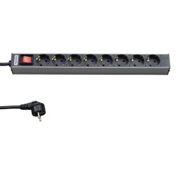 Блок силовых розеток Hyperline, горизонтальный, Shuko х 8, вход Schuko, шнур 2,5 м, 1U, 482,6х44,4х44 (ШхГхВ), 16А, выключатель