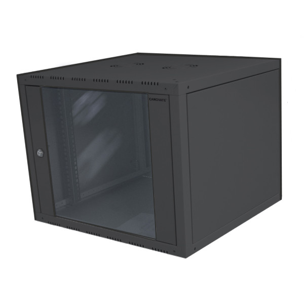 Шкаф телекоммуникационный настенный Canovate WSF, 19, 9U, 488х600х560 (ВхШхГ), дверь: стекло, разборный, цвет: чёрный, (неснимаемые боковые панели)