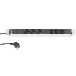 Блок силовых розеток Hyperline, горизонтальный, Shuko, IEC 60320 C13 х 6, вход Schuko, шнур 2,5 м, 1U, 482,6х44,4х44 (ШхГхВ), 16А