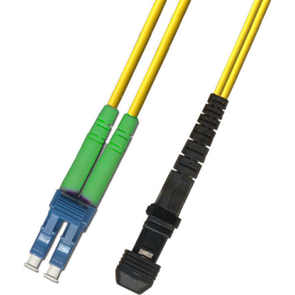 Коммутационный шнур оптический Hyperline, Duplex LC/MTRJ (APC), OS2 9/125, LSZH, 2м, d 2мм, зеленый хвостовик, цвет: жёлтый