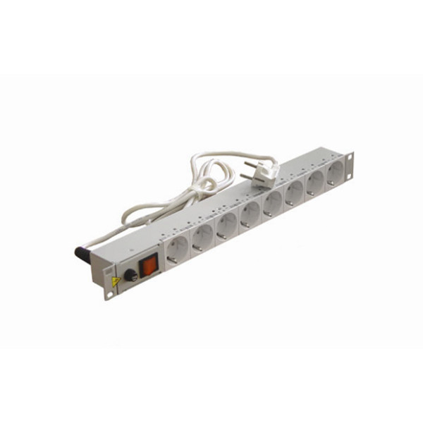 Блок силовых розеток Eurolan, горизонтальный, Shuko х 7, вход Schuko, 1U, 440х50х44 (ШхГхВ), 16А, серый, без шнура