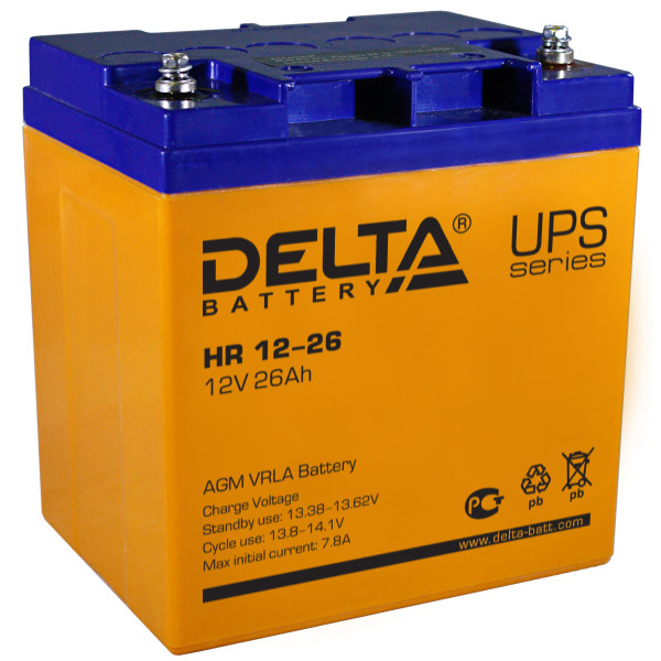 Аккумулятор для ИБП Delta Battery HR, 125х165х175 (ШхГхВ), необслуживаемый электролитный, цвет: жёлтый, (HR 12-26)