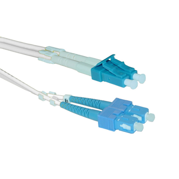 Коммутационный шнур оптический Hyperline, Duplex LC/SC (UPC), G657 9/125, LSZH, 2м, d 2мм, синий хвостовик, цвет: белый