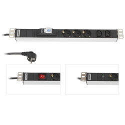 Блок силовых розеток Hyperline, Shuko х 6, шнур 2,5 м, 1U, 482,6х44х44 (ШхГхВ), 16А, выключатель