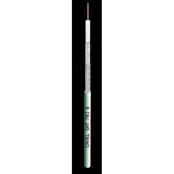 Кабель коаксиальный Cavel SAT 703 В, PVC, двухслойный экран (100% + 40%), 75 +/-3 Ом, бухта, 100 м, цвет: чёрный, d 1,13, зеленая полоса маркировки