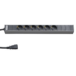 Блок силовых розеток Hyperline, горизонтальный, Shuko х 6, вход IEC 320 C14, шнур 2,5 м, 1U, 482,6х44,4х44 (ШхГхВ), 16А, алюминий