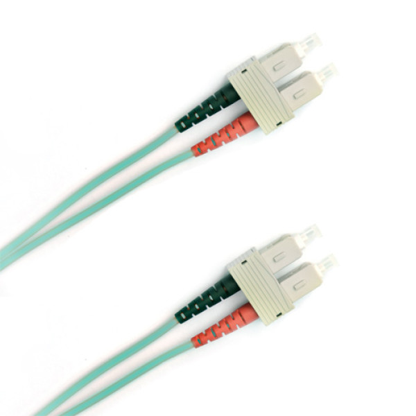 Коммутационный шнур оптический Hyperline, Duplex SC/SC, OM3 50/125, LSZH, 1м, d 3мм, серый хвостовик, цвет: голубой