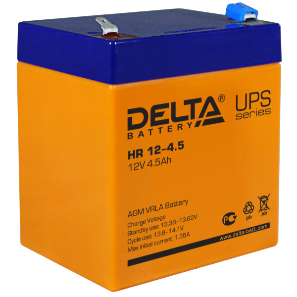 Аккумулятор для ИБП Delta Battery HR, 70х90х107 (ШхГхВ), необслуживаемый электролитный, цвет: жёлтый, (HR 12-4.5)