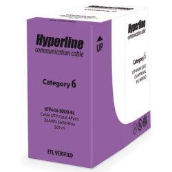 Кабель витая пара Hyperline, U/UTP, 4 пар., кат. 6, 250МГц, d 6,2 мм , AWG23, PVC, 305м, катушка, цвет: синий