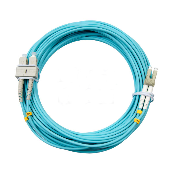 Коммутационный шнур оптический Hyperline, Duplex LC/SC, OM3 50/125, LSZH, 15м, d 2мм, серый хвостовик, цвет: голубой