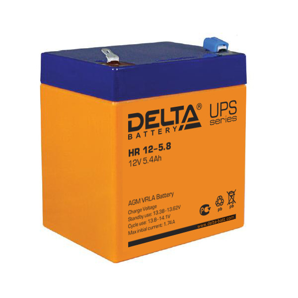 Аккумулятор для ИБП Delta Battery HR, 70х90х107 (ШхГхВ), необслуживаемый электролитный, цвет: жёлтый, (HR 12-5.8)