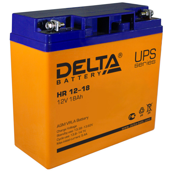 Аккумулятор для ИБП Delta Battery HR, 77х181х167 (ШхГхВ), необслуживаемый электролитный, цвет: жёлтый, (HR 12-18)