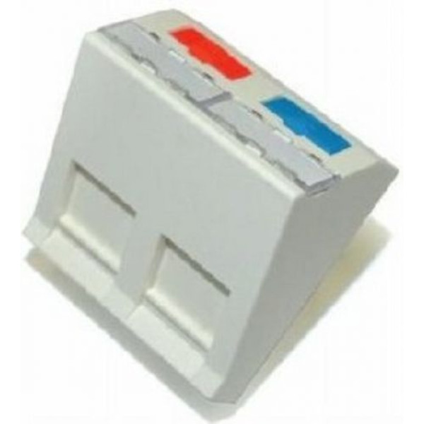 Лицевая панель розеточная AMP, 2х универсальный, DIN, 45x45, скошенная, шторки, цвет: белый